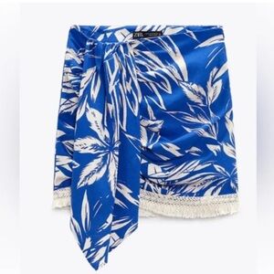 Zara Royal Blue & White Tropical Wrap Skirt with Fringe